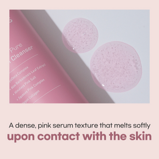 Pink serum bottle with text about its texture on a light background