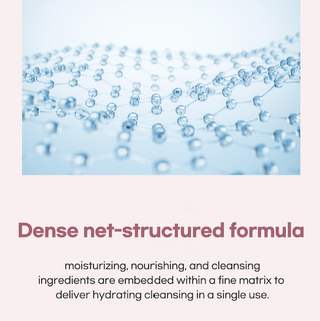 Close-up of a dense net-structured formula with text describing its benefits.