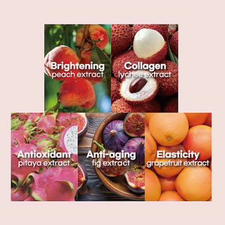 Collage of fruits with text labels on a pink background, promoting a 'Squeeze pink complex' with various extracts.